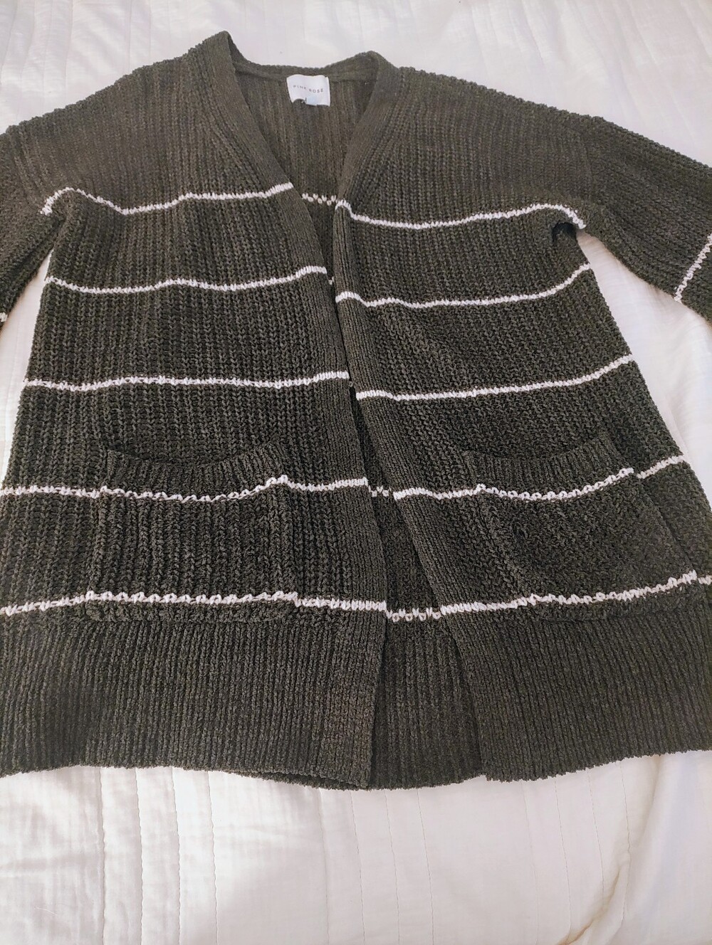 Pink Rose L Chenille Cardigan Olive Cream Striped Cozy Open Front Sweater